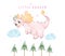 Adorable baby pink dragon flying on tree little dragon watercolour, whimsical children animal nursery illustration