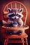 adorable baby raccoon in a high chair with a bib on about to eat a blueberry pie. Generative AI