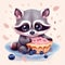 adorable baby raccoon in a high chair with a bib on about to eat a blueberry pie. Generative AI
