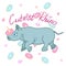 Adorable baby rhino with sweet donuts and hearts background, cute cartoon animal