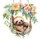 Adorable Baby Sloth Hanging Upside Down Among Tropical Blooms on White Background AI Generated