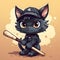 Adorable Baseball Black Cat Character
