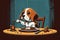 Adorable Beagle puppy enjoying a meal in his own home. Fluffy animal