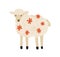 Adorable beige baby lamb decorated with flowers. Cute fluffy sheep isolated on white background. Woolly farm domestic