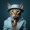 Adorable Bengal Cat In Blue Suit And Hat - Hyper-realistic Photo