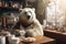 Adorable big white bear indulges in cup of coffee amidst with smile the inviting ambiance of a coffee shop, surrounded by tempting