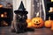 Adorable black kitty wearing a black witch hat for Halloween, sitting at home. Generative AI