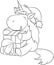 Adorable black and white illustration of a cute little unicorn holding and hugging a present, for children`s coloring book