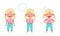 Adorable blonde girl showing different emotions set. Cute kid with unhappy, puzzled and angry face expression cartoon