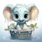 Adorable blue baby elephant in a bath, surrounded by bubbles, with succulents and fresh leaves, exuding pure joy and