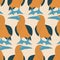 Adorable blue-footed boobies hand drawn vector illustration. Funny colorful birds in flat style seamless pattern for fabric.