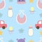 Adorable blue seamless pattern with pacifier,balloon,duck,nappy and ribbon