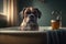 Adorable Boxer dog in a bath, vintage setting