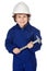 Adorable boy dressed worker in a hammer and a helmet