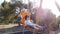 Adorable boy, preschooler swinging on the swing in an empty park