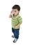 Adorable Boy Talking On House Phone Over White