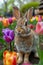 Adorable Brown Bunny Amongst Vibrant Tulips in Picturesque Spring Garden Scene