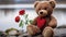 An adorable brown teddy bear placed against a softly blurred background of a romantic living room.