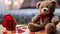 An adorable brown teddy bear placed against a softly blurred background of a romantic living room.