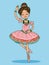 Adorable brunette ballerina girl dancing in shiny pink dress