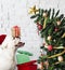 Adorable Bulldog puppy standing next to a Christmas tree