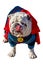 Adorable Bulldog in Superhero Halloween costume licking his nose with tongue