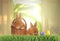 Adorable bunnies and Easter eggs on grass