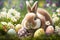 Adorable Bunny With Easter Eggs In Flowery Meadow