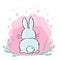 Adorable bunny rabbit back side on pink with leaves. Cartoon character. Spring, summer, Easter illustration.