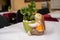 Adorable bunny rabbit centerpiece with a potted succulent plant on a table with white tablecloth