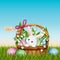 Adorable bunny in wicker basket. Easter spring background