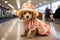 Adorable Canine in Summer Hat at Airport, Eager for Vacation. AI