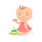 Adorable cartoon baby girl in pink dress playing with pyramid colorful character vector Illustration