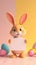 Adorable cartoon bunny with a blank sign among colorful Easter eggs.