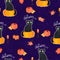 Adorable cartoon cat sit on pumpkin with fall leaves on dark curls background seamless pattern, halloween wrapping paper