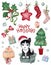 Adorable cartoon Christmas elements set. Cute Siberian husky puppy, Christmas tree, stickers collection