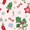 Adorable cartoon Christmas seamless pattern. Cute Siberian husky puppy, Christmas tree, stickers collection