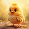 An adorable cartoon fluffy yellow chick with a full round body, big eyes, and tiny wings standing on two legs