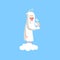 Adorable cartoon god character standing on white cloud with cup of tea. Bearded man creator with halo on his head. Flat