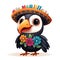 Adorable cartoon puffin bird, dressed in Day of the Dead costume for Mexico