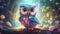 Adorable cartoon rainbow owl. Iridescent baby bird with big eyes. Sweet magical wildlife.