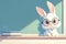 adorable cartoon smart white fluffy bunny in glasses on the background of a green school chalkboard