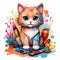 Adorable cat colorful design, painted with transparent watercolor, cuddly kitten, AI Generated