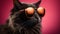 Adorable cat with funny glasses and expressive whiskers on a pink background.