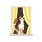 Adorable cat sitting on windowsill. Stripped curtains on window. Cartoon domestic animal character. Exterior detail