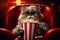 Adorable cat watching 3D movie, munching popcorn in red armchair