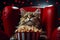 Adorable cat watching 3D movie, munching popcorn in red armchair