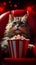 Adorable cat watching 3D movie, munching popcorn in red armchair