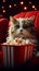 Adorable cat watching 3D movie, munching popcorn in red armchair