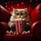 Adorable cat watching 3D movie, munching popcorn in red armchair